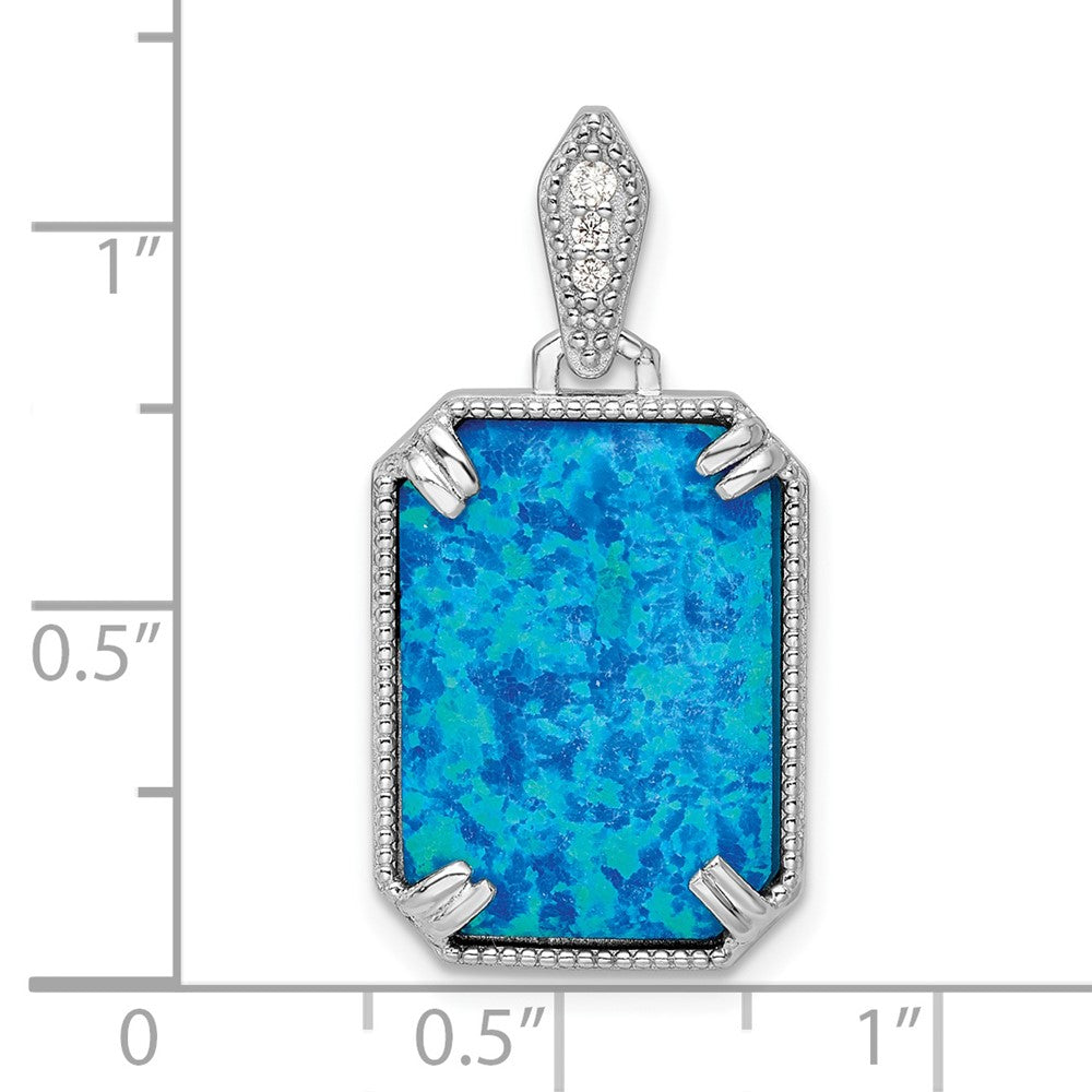 Sterling Silver Rh-Plated Blue Created Opal & Cz Beaded Border Pendant