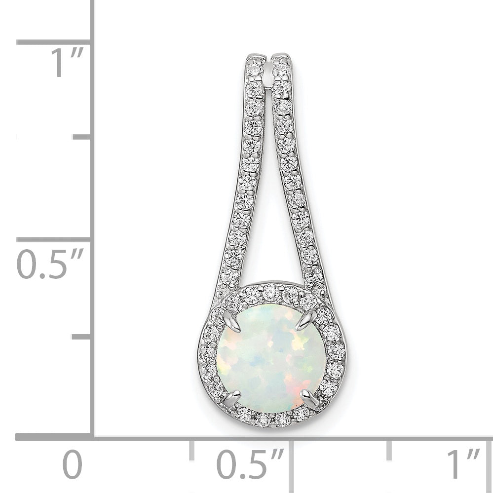 Sterling Silver Rhodium-Plated Polished White Opal & Cz Halo Pendant