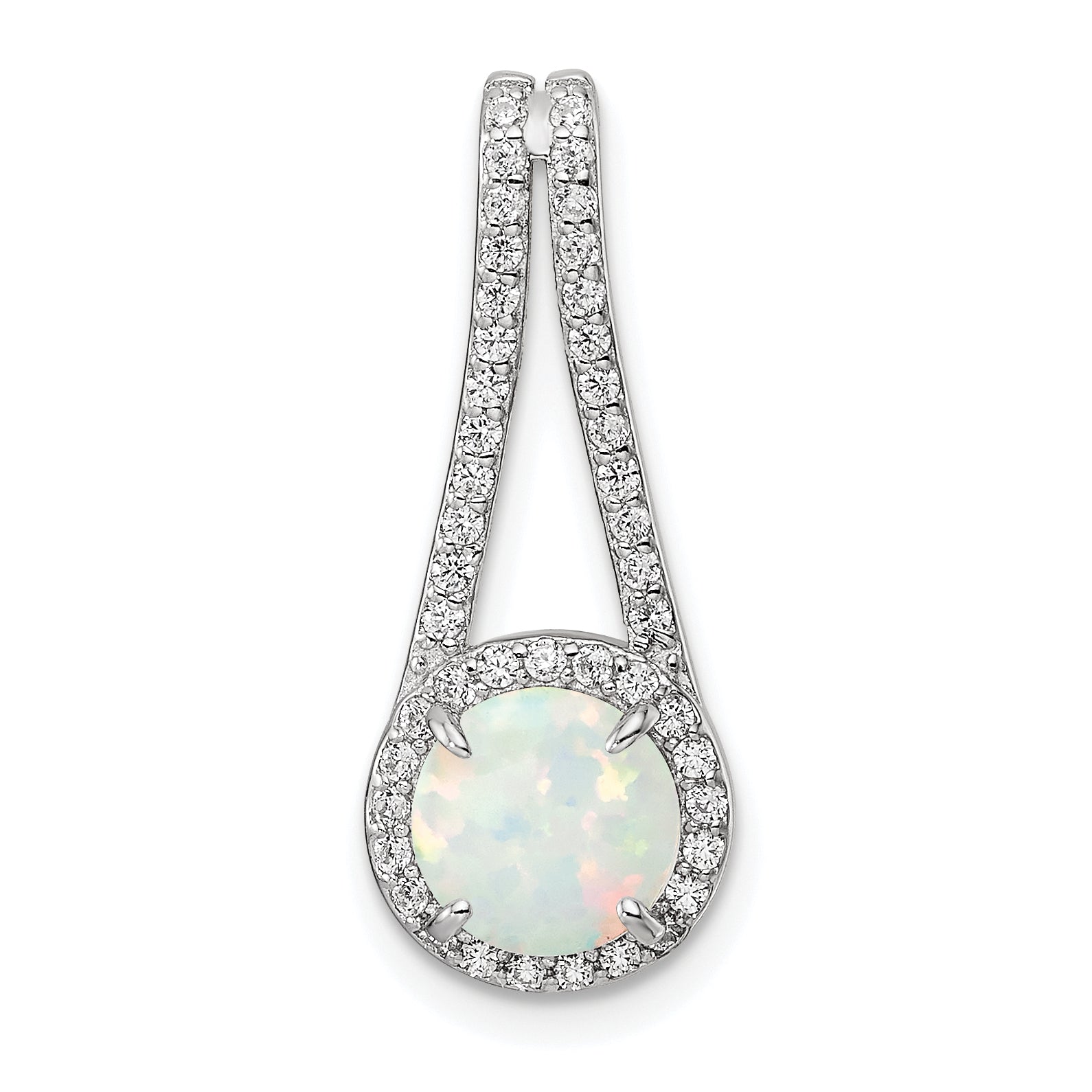 Sterling Silver Rhodium-Plated Polished White Opal & Cz Halo Pendant
