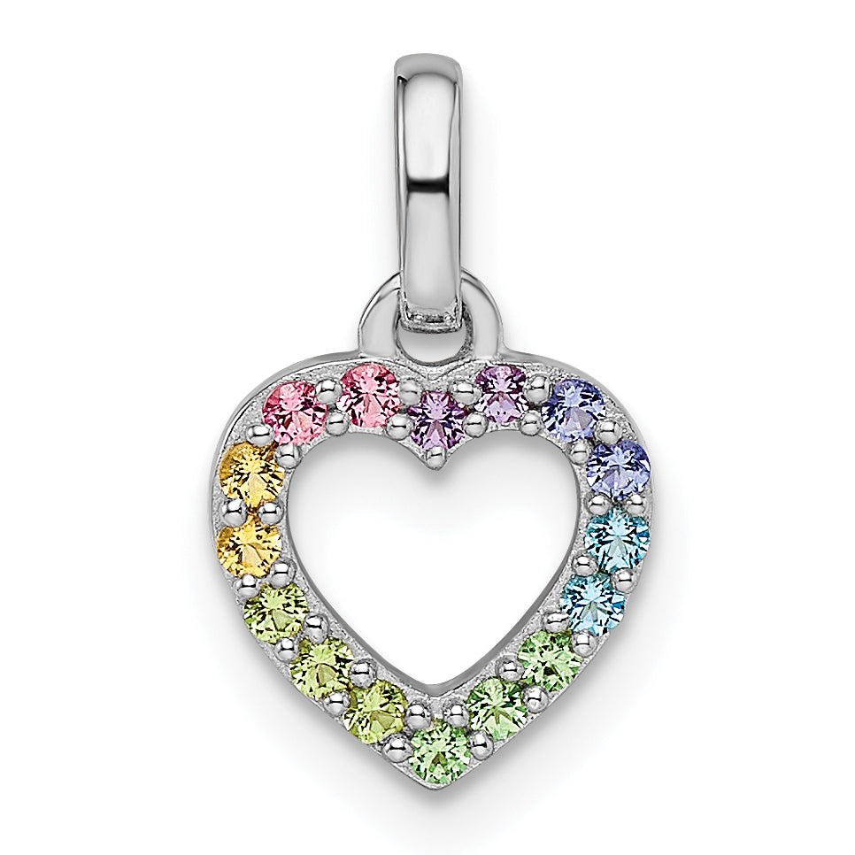 Sterling Silver Rhodium-Plated Rainbow Nano Crystal Open Heart Pendant