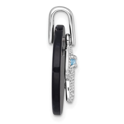 Sterling Silver Rhodium Plated Polished Lsbt CZ and Onyx Hamsa Circle Pendant