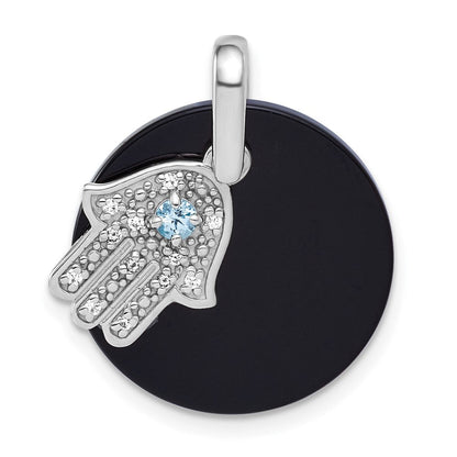 Sterling Silver Rhodium Plated Polished Lsbt CZ and Onyx Hamsa Circle Pendant