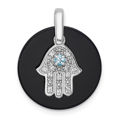Sterling Silver Rhodium Plated Polished Lsbt CZ and Onyx Hamsa Circle Pendant