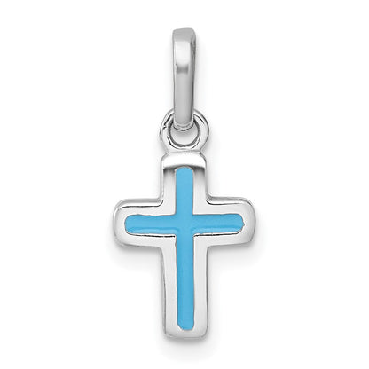 Sterling Silver Rhodium-Plated Children's Enamel Blue Cross Pendant