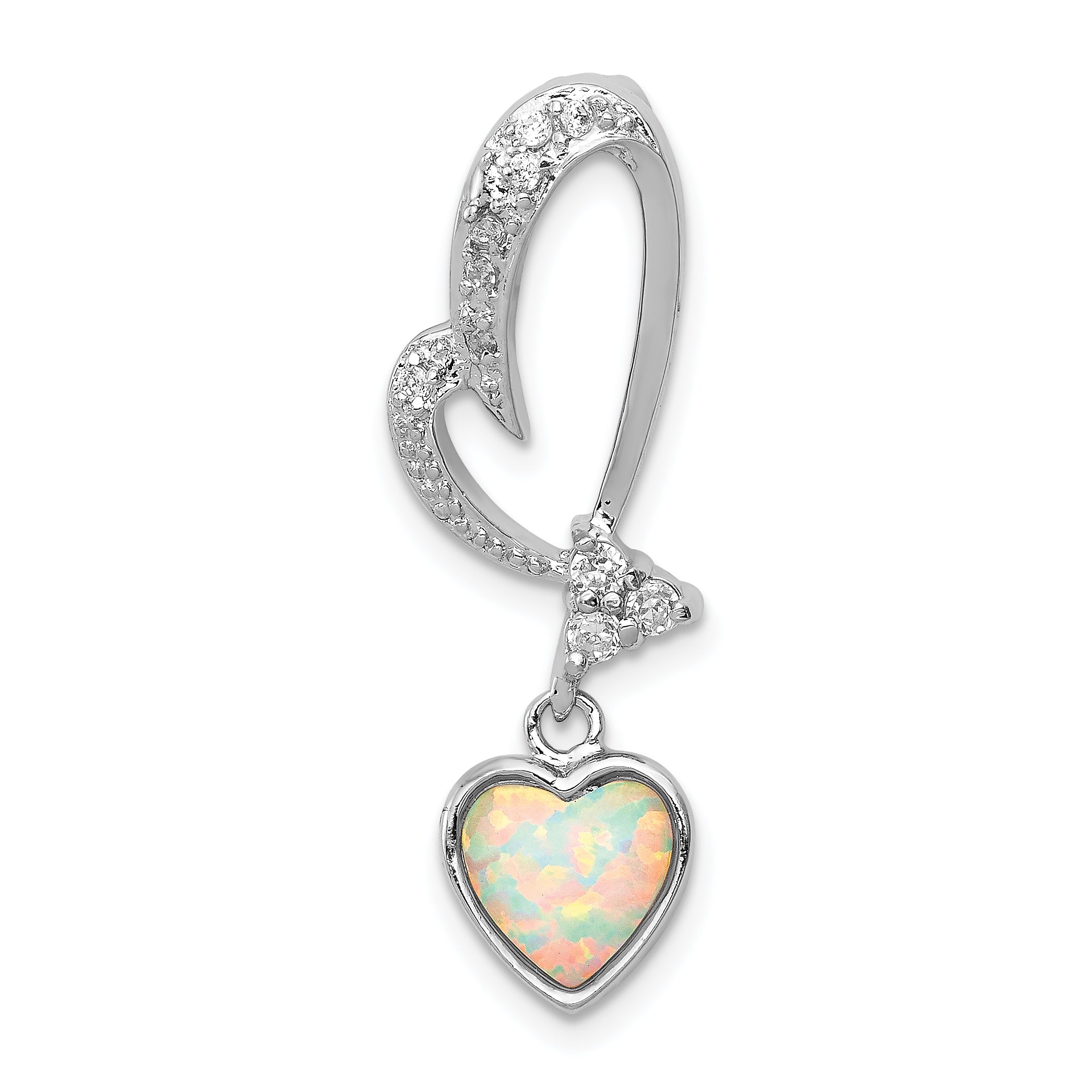 Sterling Silver Rhodium Plated Opal And Cz Heart Pendant