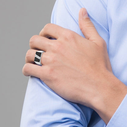 Sterling Silver Rhodium Plated Men'S Cz And Onyx Ring