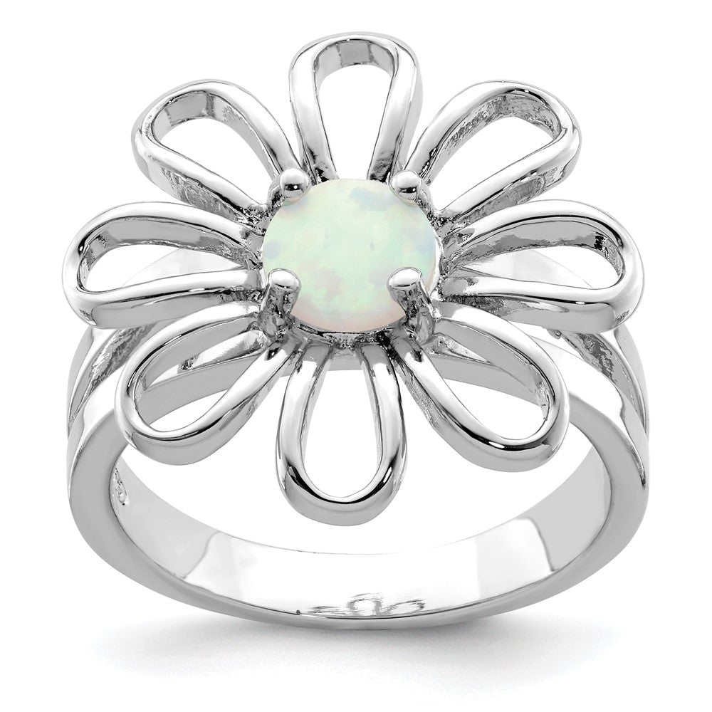 Sterling Silver Rhodium Plated Lab Createdopal Flower Ring