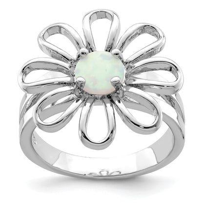 Sterling Silver Rhodium Plated Lab Createdopal Flower Ring