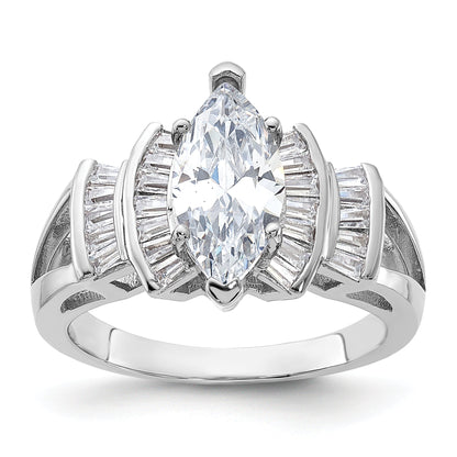 Sterling Silver Rhodium Plated Marquise Shape Center Cz Ring