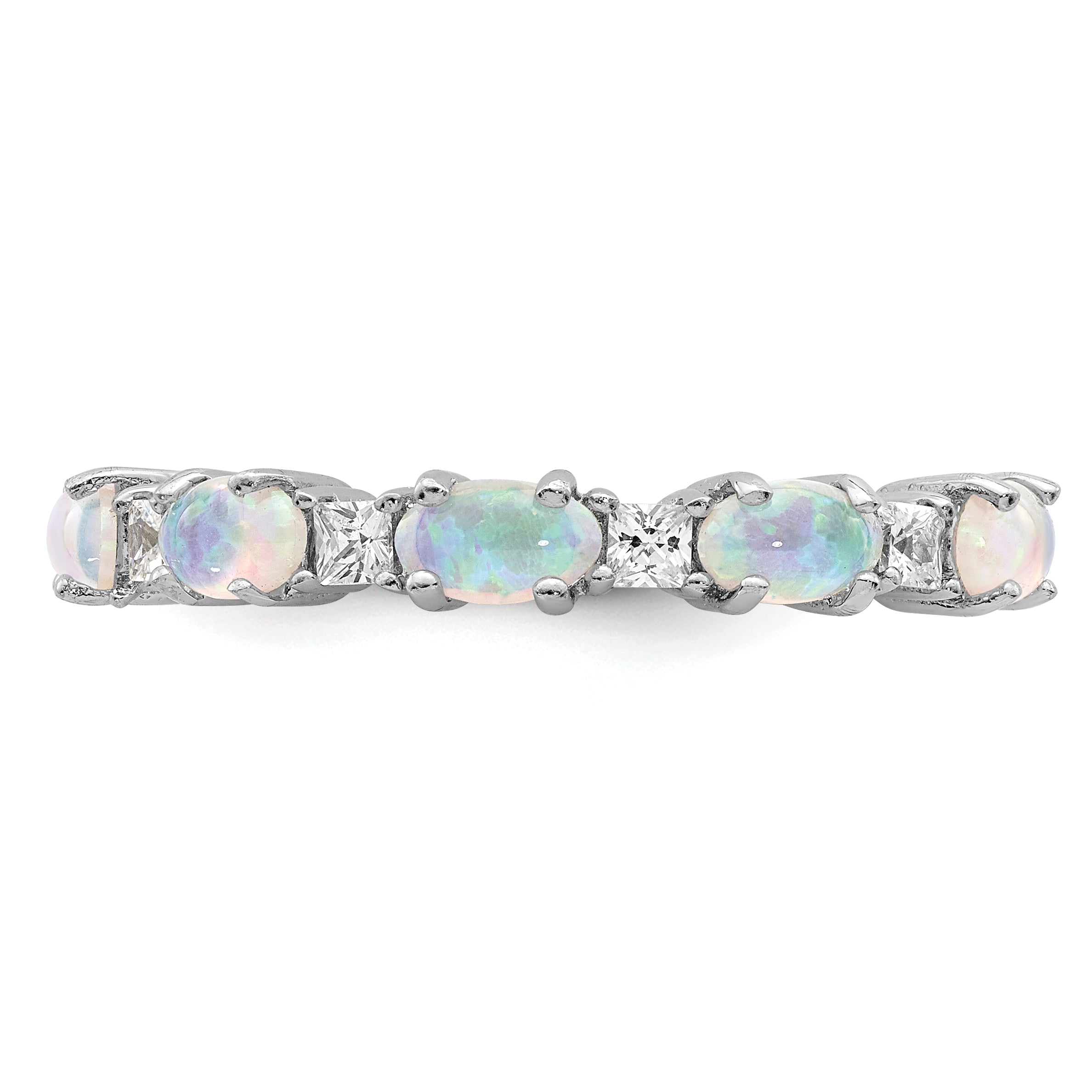 Sterling Silver Rhodium Plated Lab Created Opal And Cz Ring