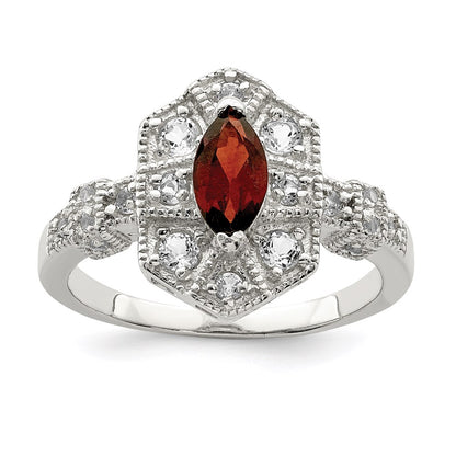 Sterling Silver Rhodium Plated Dark Red Marquise Cz Ring