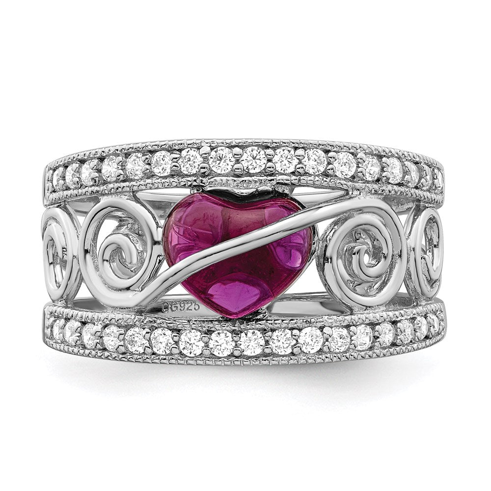 Sterling Silver Rhodium Plated Red Heart Cz & Clear Ring (Size 7 Only)
