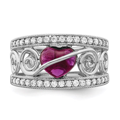 Sterling Silver Rhodium Plated Red Heart Cz & Clear Ring (Size 7 Only)