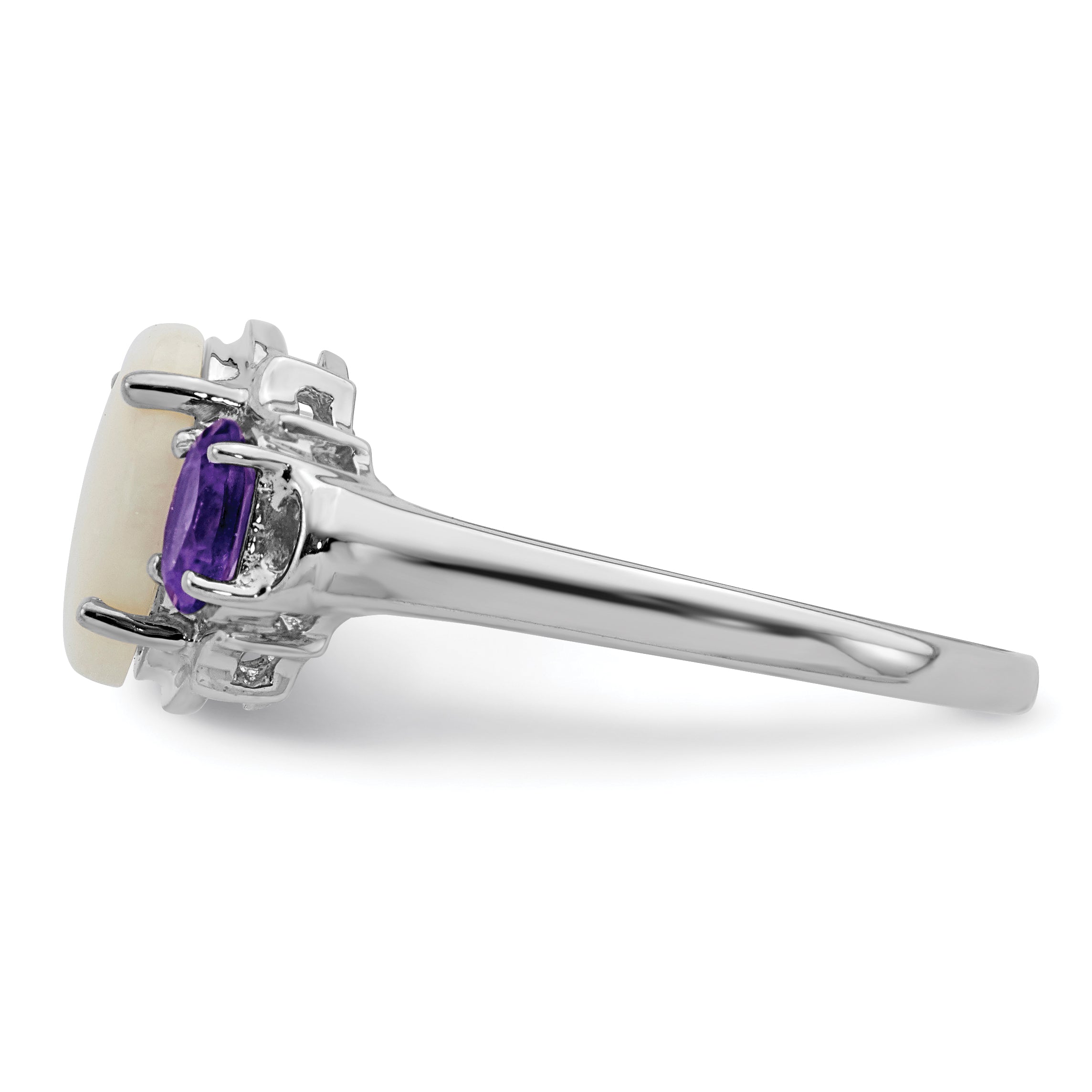 Sterling Silver Brilliant Gemstones With 14K Accent Rhodium Plated Opal And Amethyst Ring (Size 7 Only)
