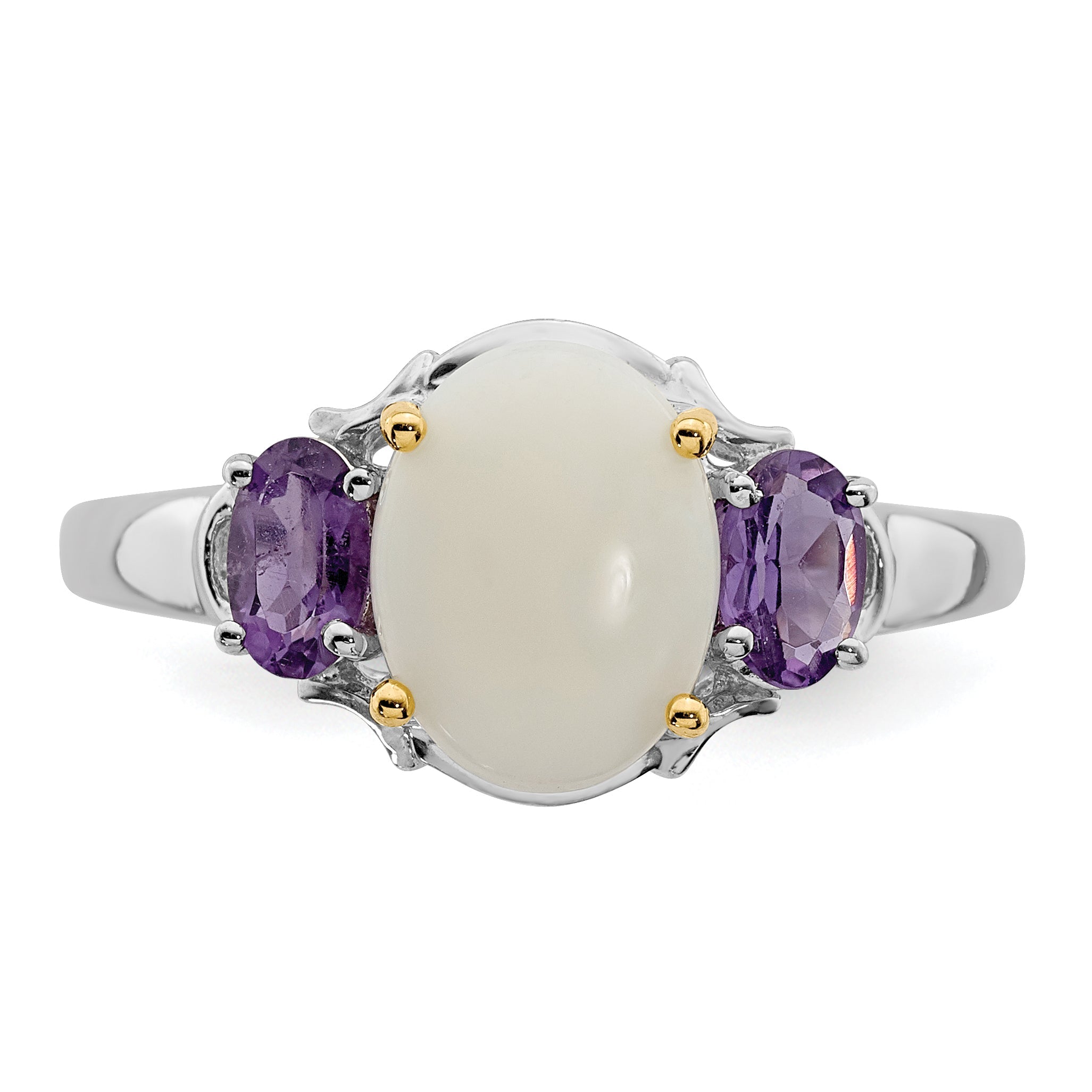 Sterling Silver Brilliant Gemstones With 14K Accent Rhodium Plated Opal And Amethyst Ring (Size 7 Only)