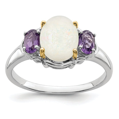 Sterling Silver Brilliant Gemstones With 14K Accent Rhodium Plated Opal And Amethyst Ring (Size 7 Only)