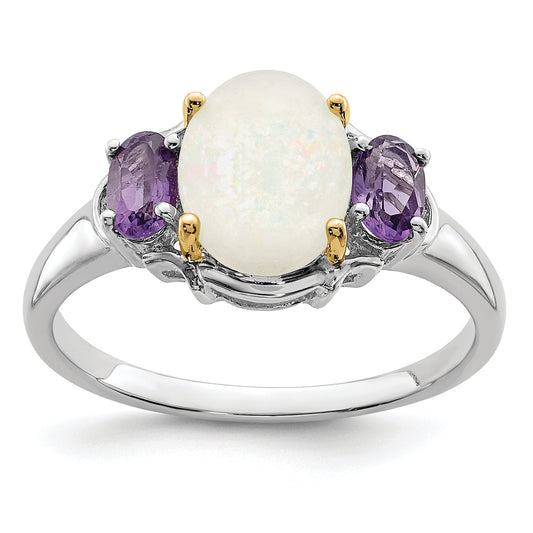 Sterling Silver Brilliant Gemstones With 14K Accent Rhodium Plated Opal And Amethyst Ring (Size 7 Only)