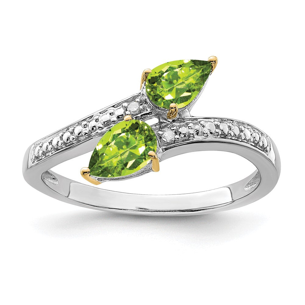 Sterling Silver Brilliant Gemstones With 14K Accent Rhodium Plated Peridot And Diamond Ring