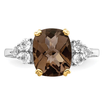 Silver/14K Two Tone Brilliant Gemstones Sterling Silver With 14K Accent Rhodium Plated Smoky Quartz And White Topaz Ring
