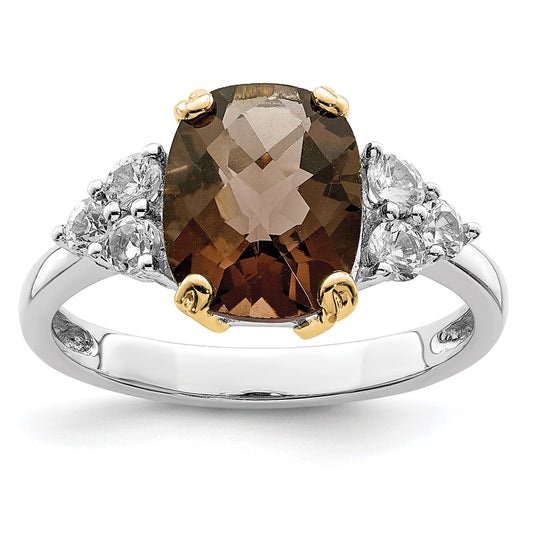 Silver/14K Two Tone Brilliant Gemstones Sterling Silver With 14K Accent Rhodium Plated Smoky Quartz And White Topaz Ring