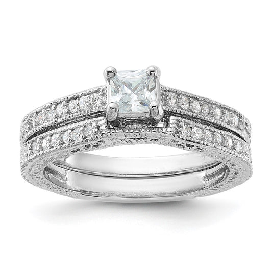 Sterling Silver Rhodium Plated 2 Piece Cz Wedding Set Ring (Size 6 Only)