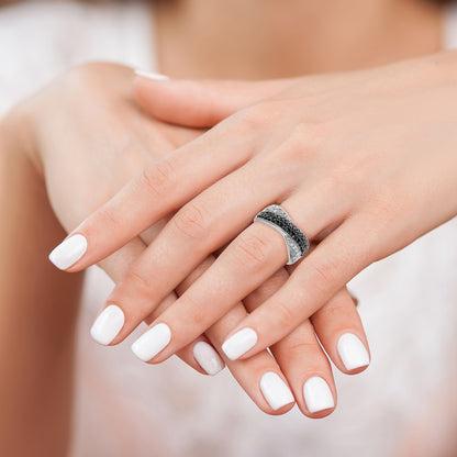 Sterling Silver Rhodium Black & White Cz Crossed Ring