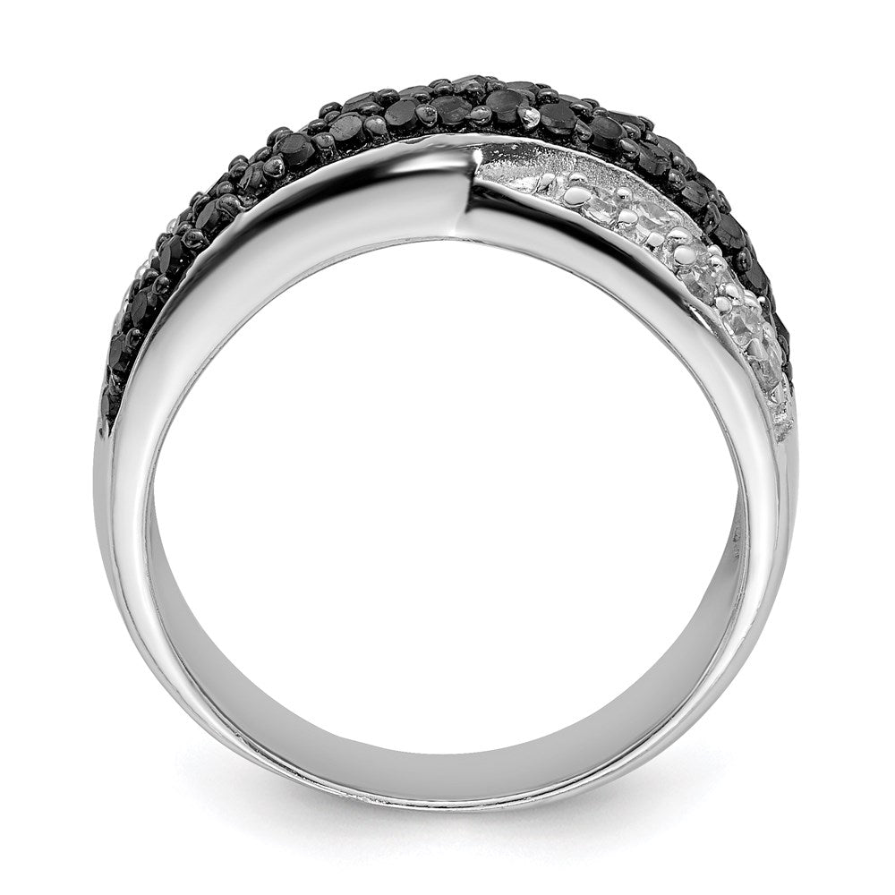 Sterling Silver Rhodium Black & White Cz Crossed Ring
