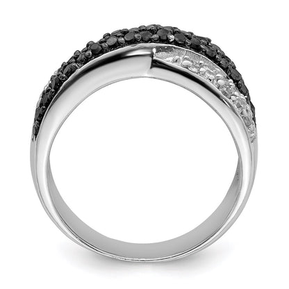 Sterling Silver Rhodium Black & White Cz Crossed Ring