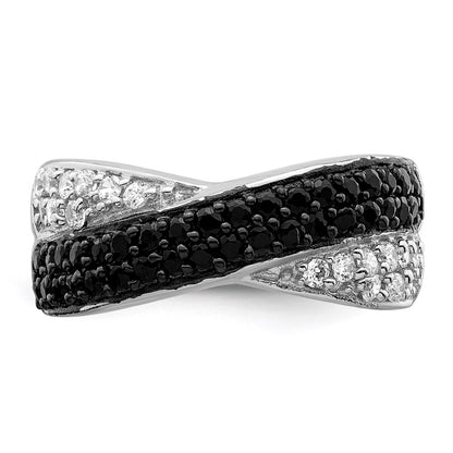 Sterling Silver Rhodium Black & White Cz Crossed Ring