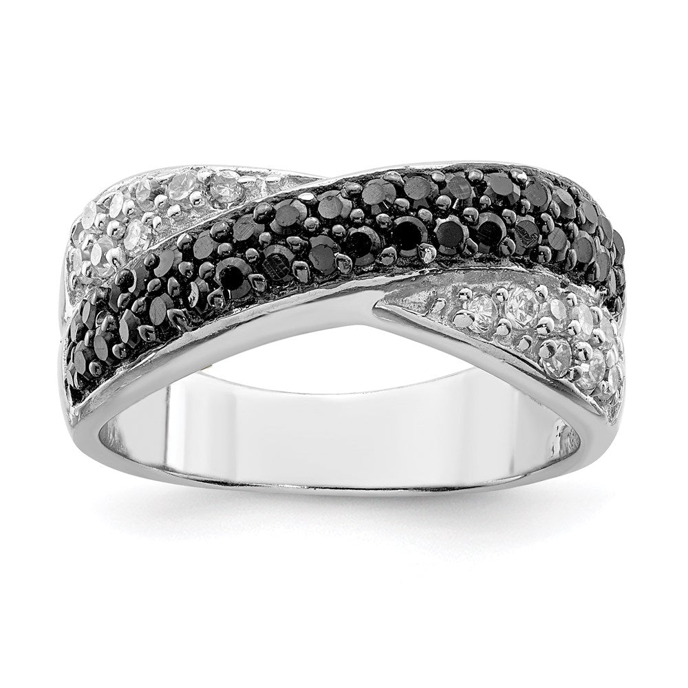 Sterling Silver Rhodium Black & White Cz Crossed Ring