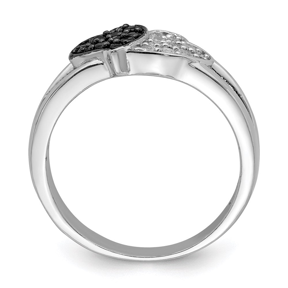 Sterling Silver Rhodium Clear & Black Cz Hearts Ring