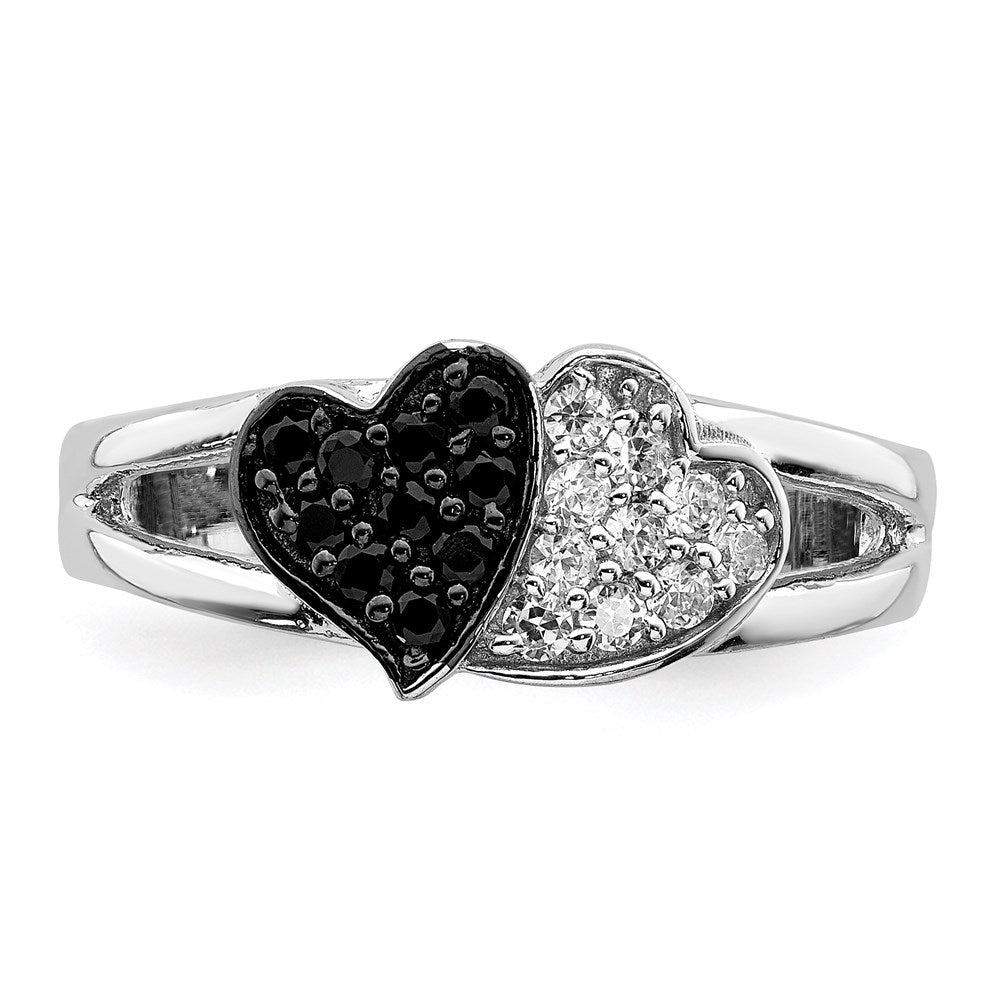 Sterling Silver Rhodium Clear & Black Cz Hearts Ring