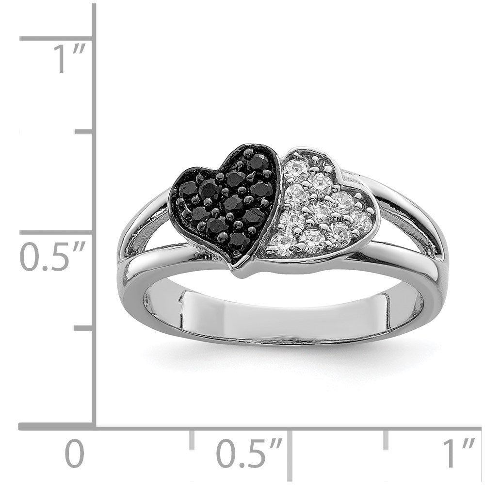 Sterling Silver Rhodium Clear & Black Cz Hearts Ring