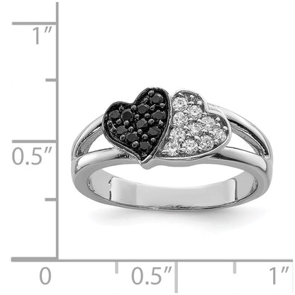 Sterling Silver Rhodium Clear & Black Cz Hearts Ring