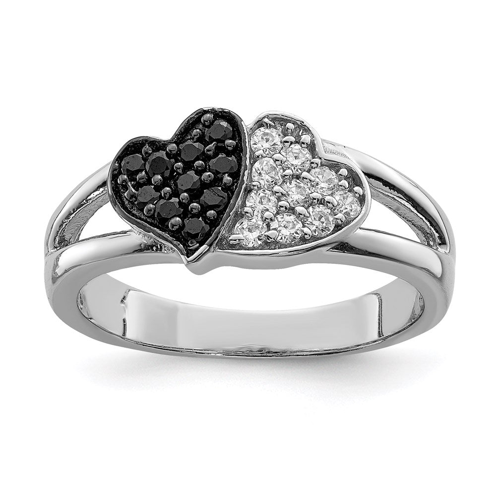 Sterling Silver Rhodium Clear & Black Cz Hearts Ring