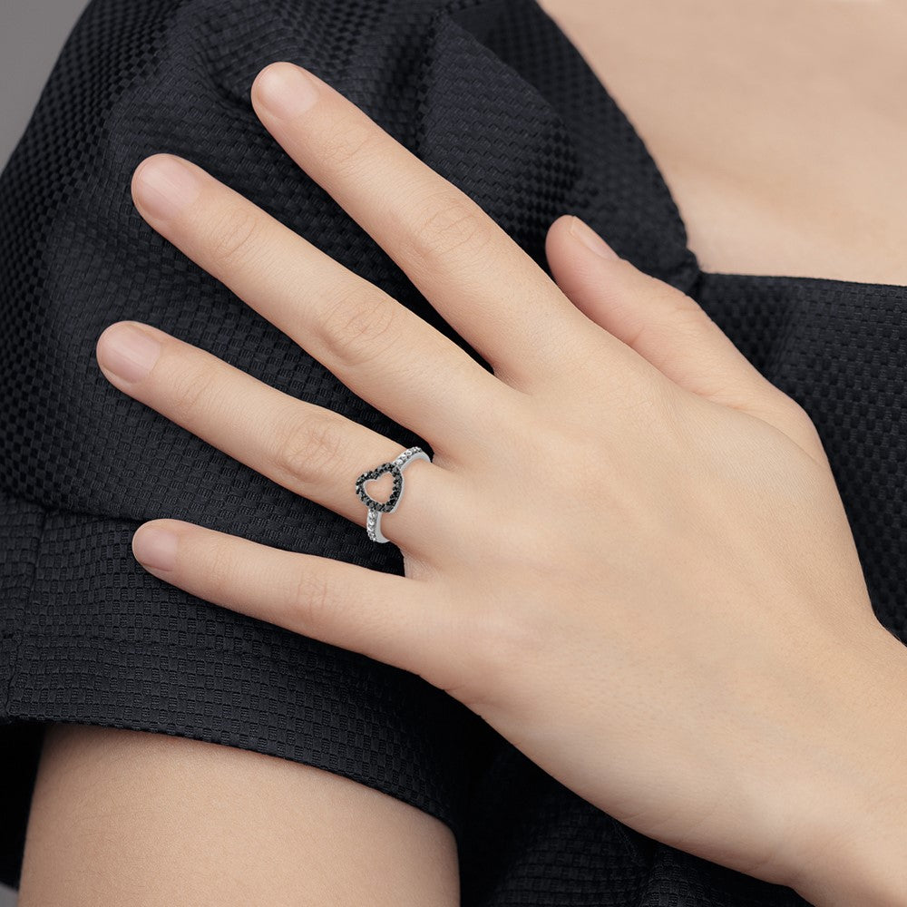 Sterling Silver Rhodium Black & White Cz Heart Ring