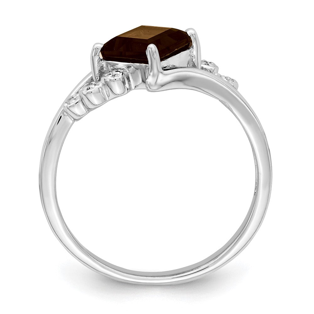 Sterling Silver Rhodium Princess Cut Smoky Quartz & Diamond Ring