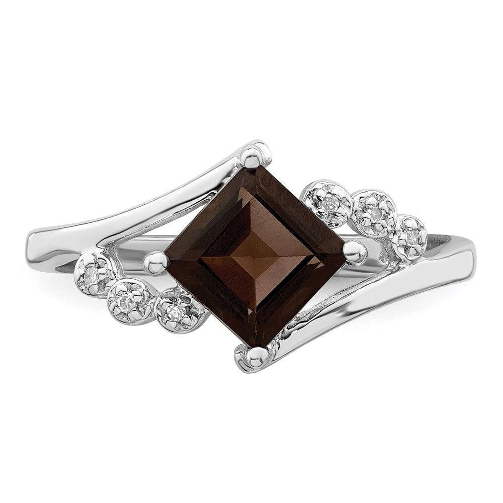 Sterling Silver Rhodium Princess Cut Smoky Quartz & Diamond Ring