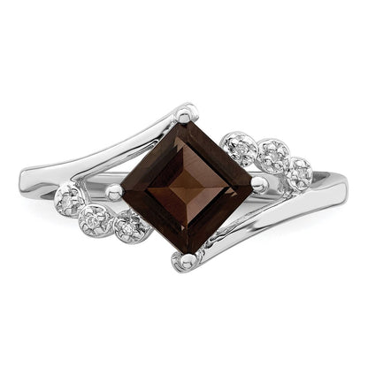 Sterling Silver Rhodium Princess Cut Smoky Quartz & Diamond Ring