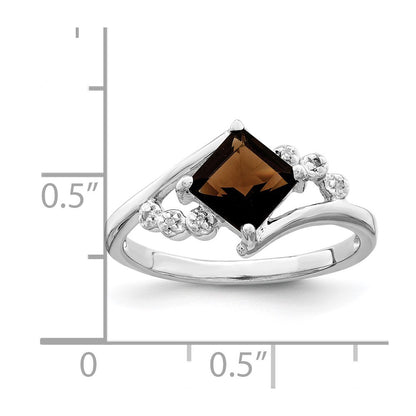 Sterling Silver Rhodium Princess Cut Smoky Quartz & Diamond Ring