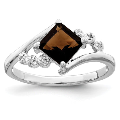Sterling Silver Rhodium Princess Cut Smoky Quartz & Diamond Ring