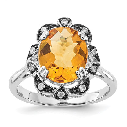 Sterling Silver Citrine & Diamond Oval Ring (Size 7 Only)