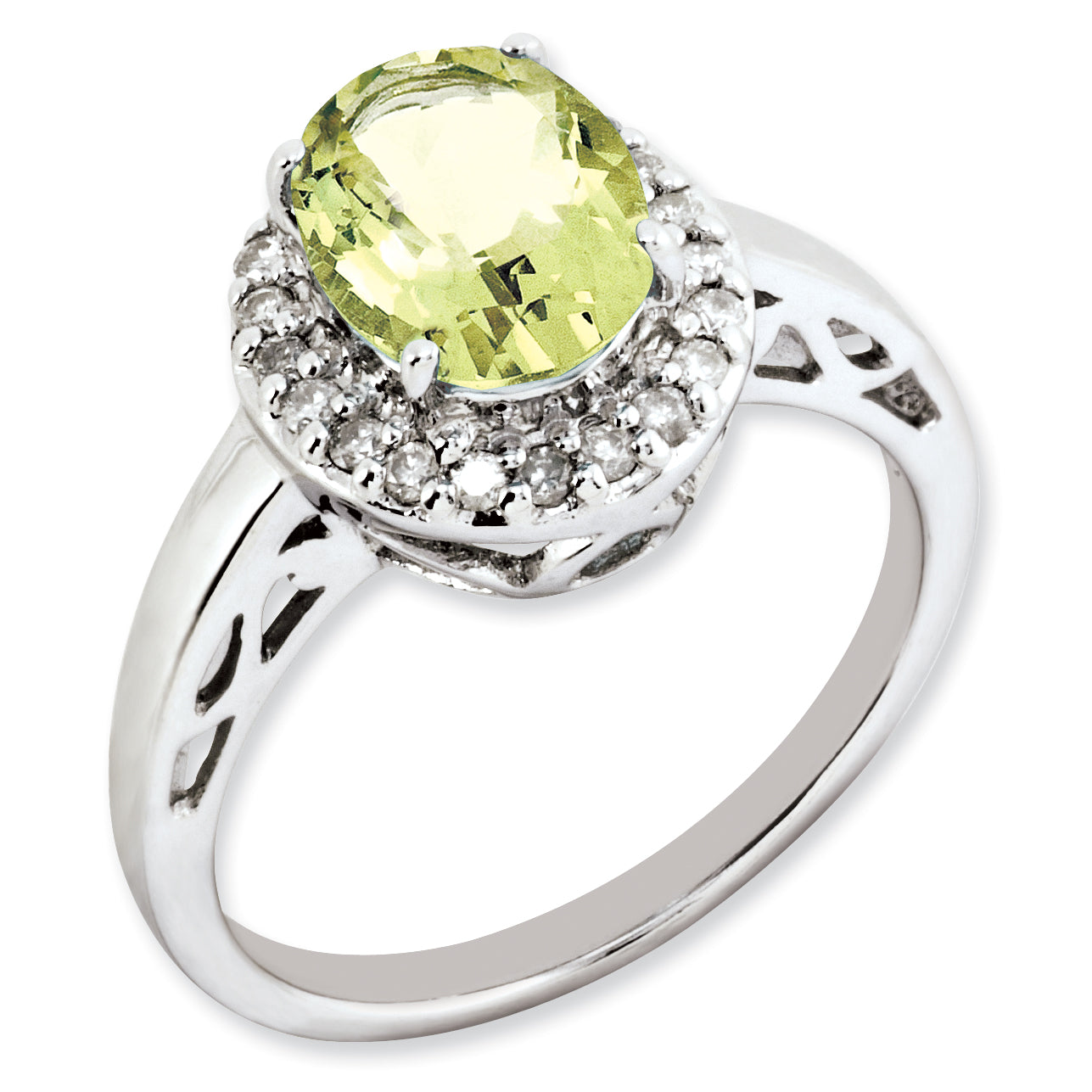 Sterling Silver Rhodium Plated Oval Lemon Quartz & Diamond Ring (Size 7 Only)