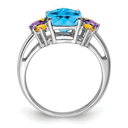 Sterling Silver Rhodium Light Swiss Blue, Amethyst & Citrine Ring