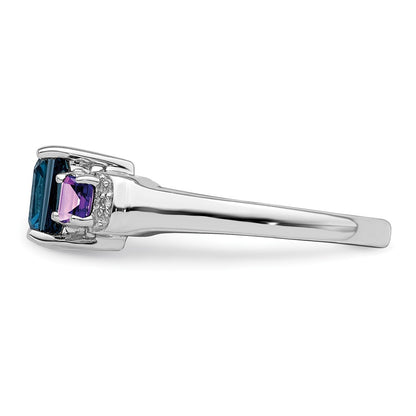 Sterling Silver Rhodium London Blue Topaz, Amethyst & Diamond Ring