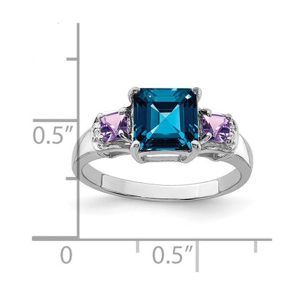 Sterling Silver Rhodium London Blue Topaz, Amethyst & Diamond Ring