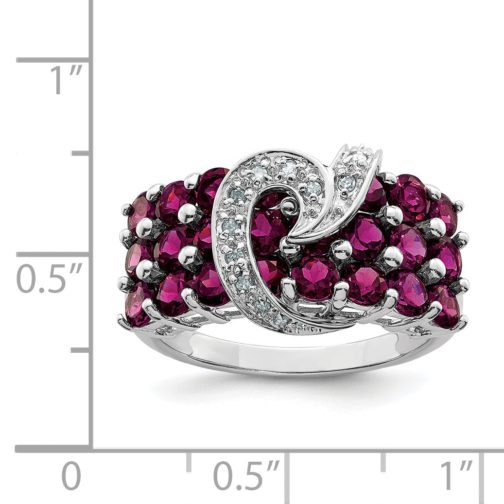 Sterling Silver Rhodium Plated Rhodolite Garnet & Diamond Ring