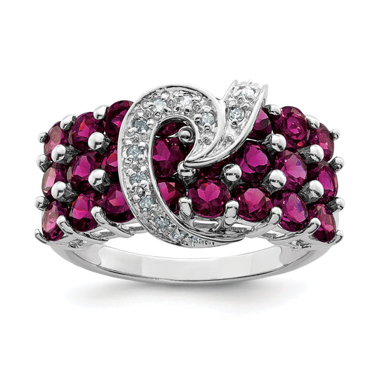 Sterling Silver Rhodium Plated Rhodolite Garnet & Diamond Ring