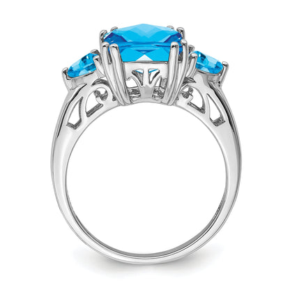 Sterling Silver Rhodium Checker Cut Blue Topaz Ring