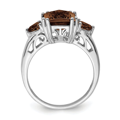 Sterling Silver Rhodium Checker Cut Smoky Quartz Ring